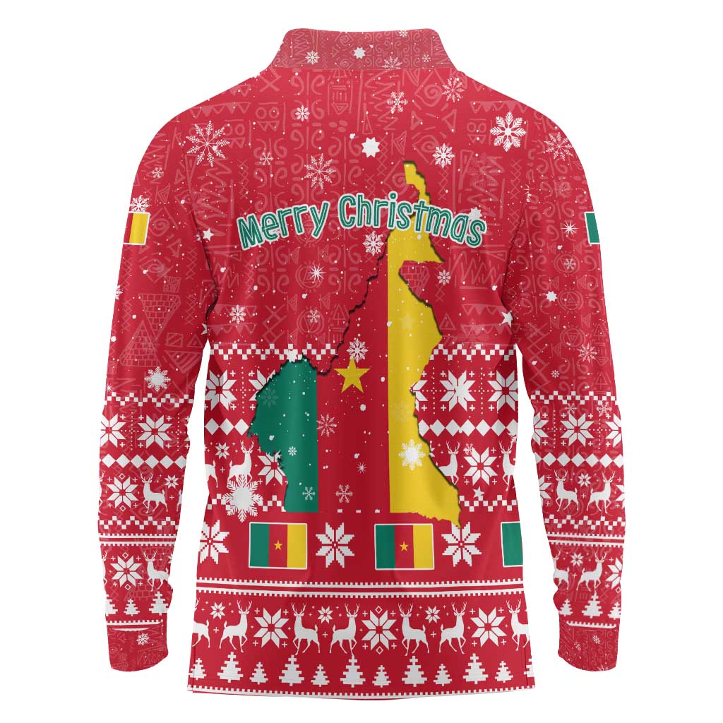 Cameroon Christmas Long Sleeve Polo Shirt with Red Snowflake Pattern Traditional Santa and Map Motif - Wonder Print Shop