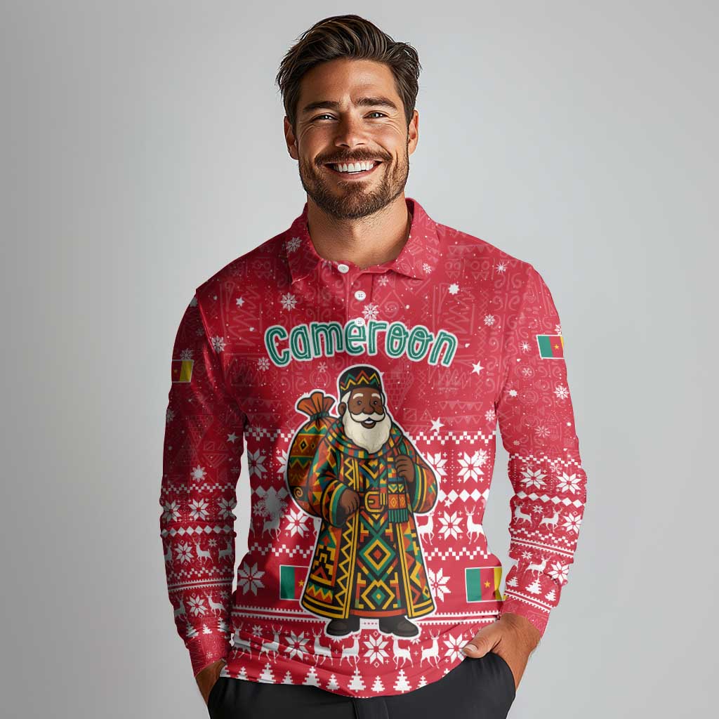 Cameroon Christmas Long Sleeve Polo Shirt with Red Snowflake Pattern Traditional Santa and Map Motif - Wonder Print Shop