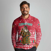 Cameroon Christmas Long Sleeve Polo Shirt with Red Snowflake Pattern Traditional Santa and Map Motif - Wonder Print Shop