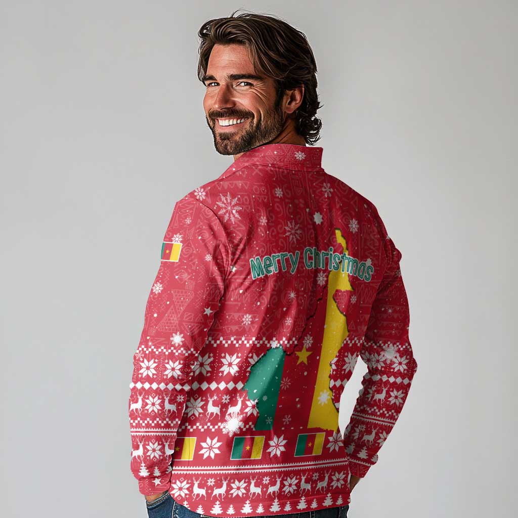 Cameroon Christmas Long Sleeve Polo Shirt with Red Snowflake Pattern Traditional Santa and Map Motif - Wonder Print Shop