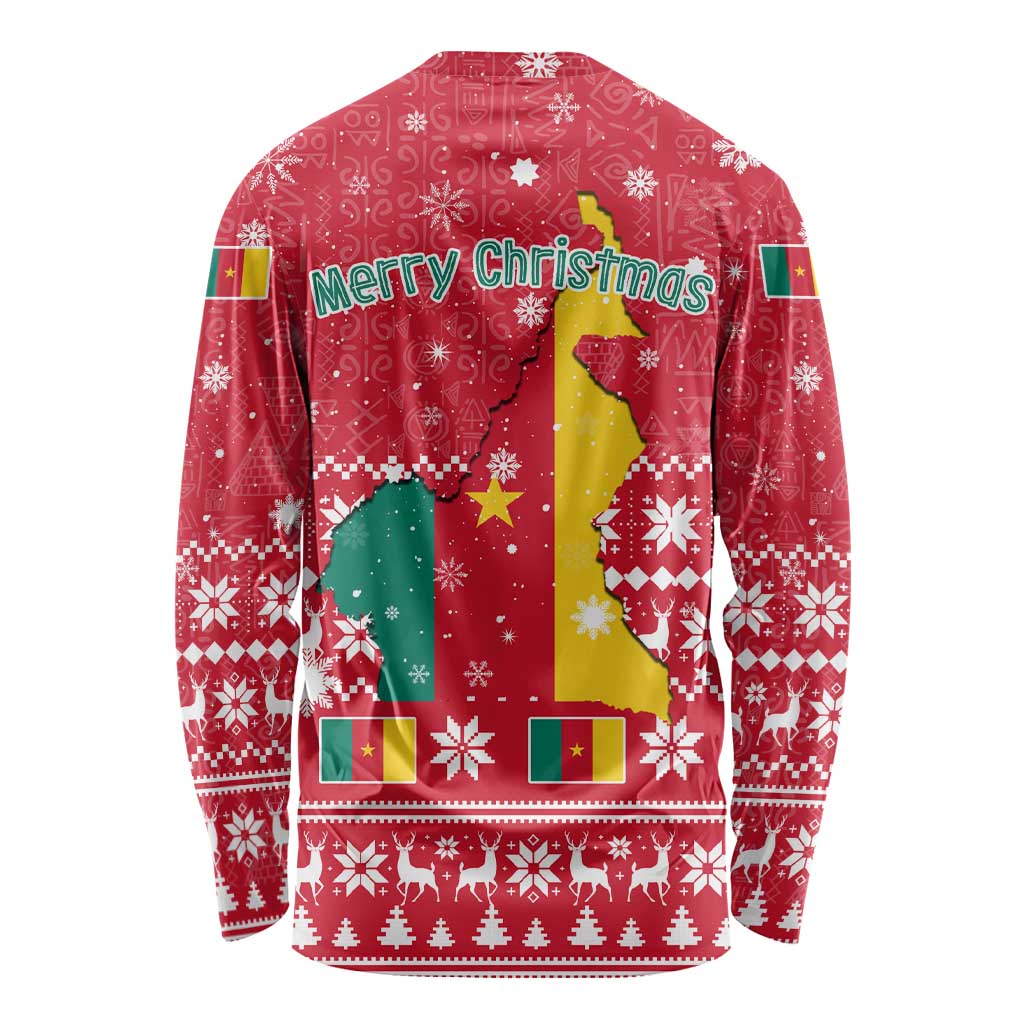 Cameroon Christmas Long Sleeve Shirt with Red Snowflake Pattern Traditional Santa and Map Motif - Wonder Print Shop