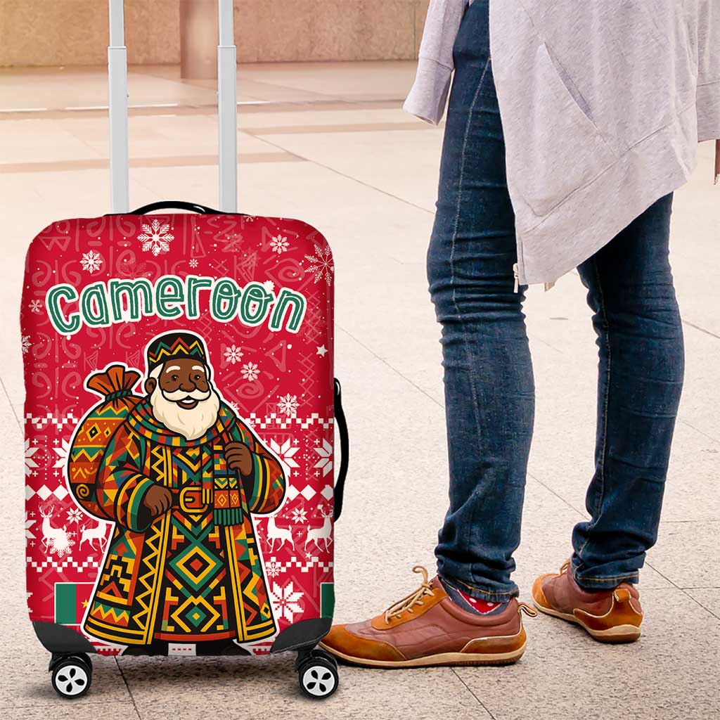 Cameroon Christmas Luggage Cover with Red Snowflake Pattern Traditional Santa and Map Motif - Wonder Print Shop
