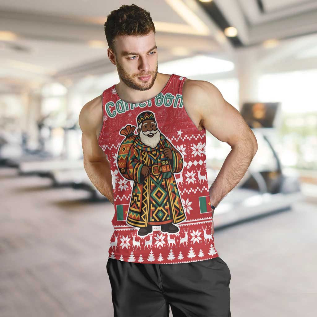 Cameroon Christmas Men Tank Top with Red Snowflake Pattern Traditional Santa and Map Motif - Wonder Print Shop