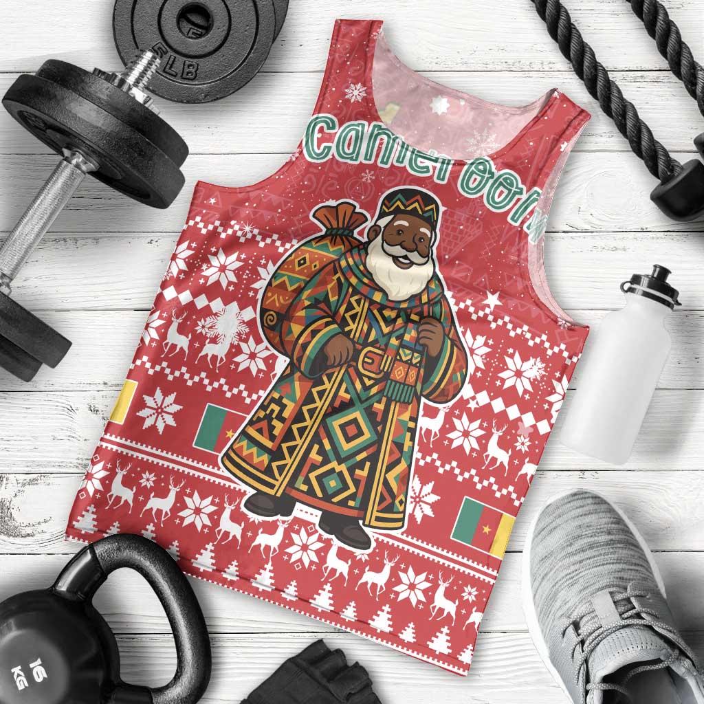 Cameroon Christmas Men Tank Top with Red Snowflake Pattern Traditional Santa and Map Motif - Wonder Print Shop