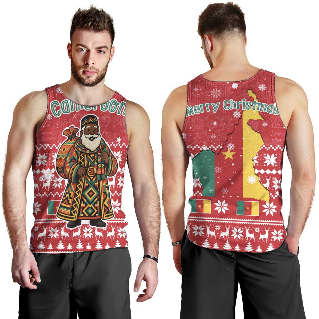 Cameroon Christmas Men Tank Top with Red Snowflake Pattern Traditional Santa and Map Motif - Wonder Print Shop