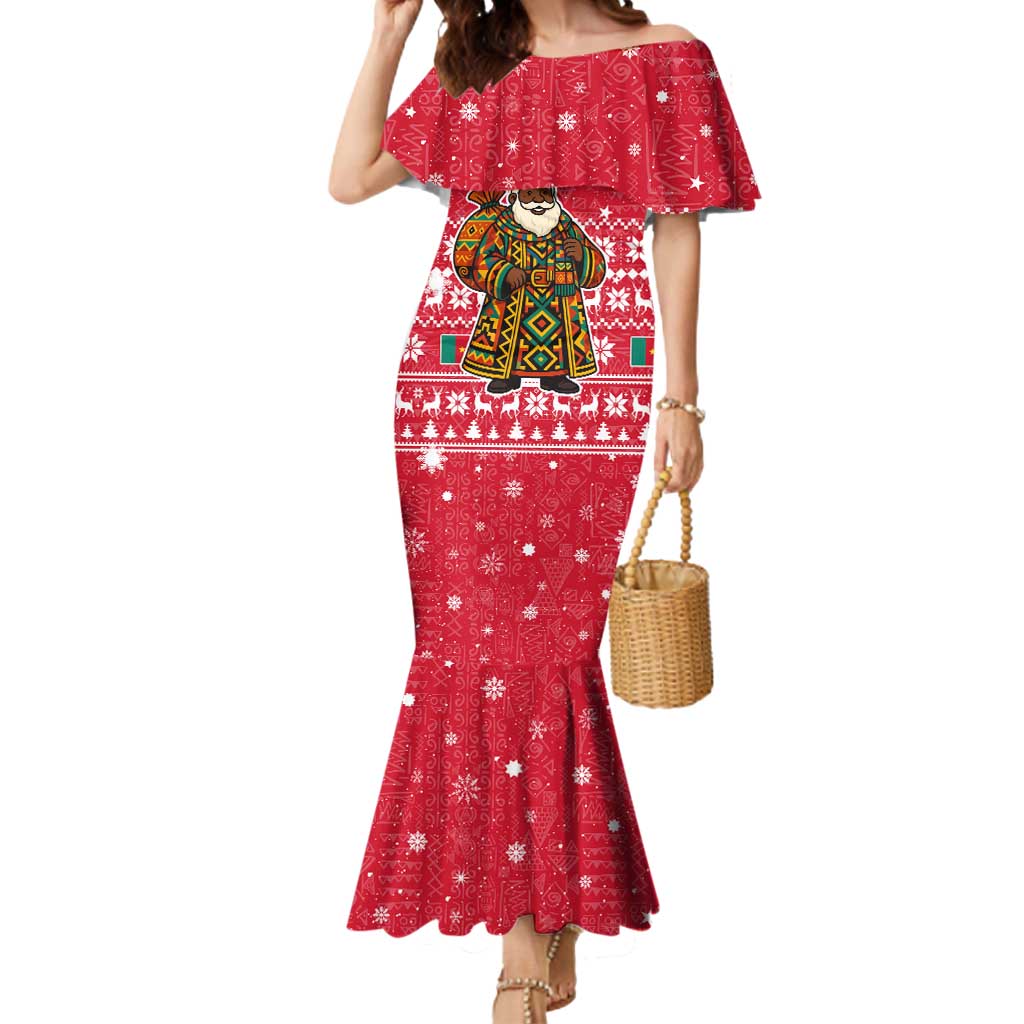 Cameroon Christmas Mermaid Dress with Red Snowflake Pattern Traditional Santa and Map Motif - Wonder Print Shop