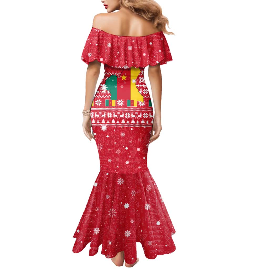Cameroon Christmas Mermaid Dress with Red Snowflake Pattern Traditional Santa and Map Motif - Wonder Print Shop