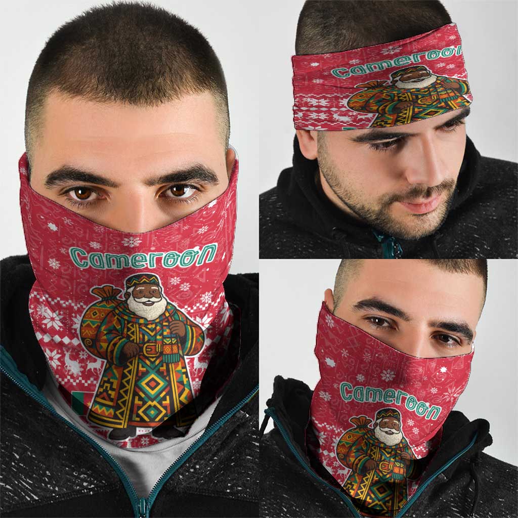 Cameroon Christmas Neck Gaiter with Red Snowflake Pattern Traditional Santa and Map Motif - Wonder Print Shop
