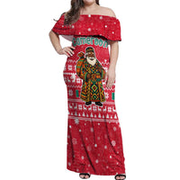 Cameroon Christmas Off Shoulder Maxi Dress with Red Snowflake Pattern Traditional Santa and Map Motif - Wonder Print Shop