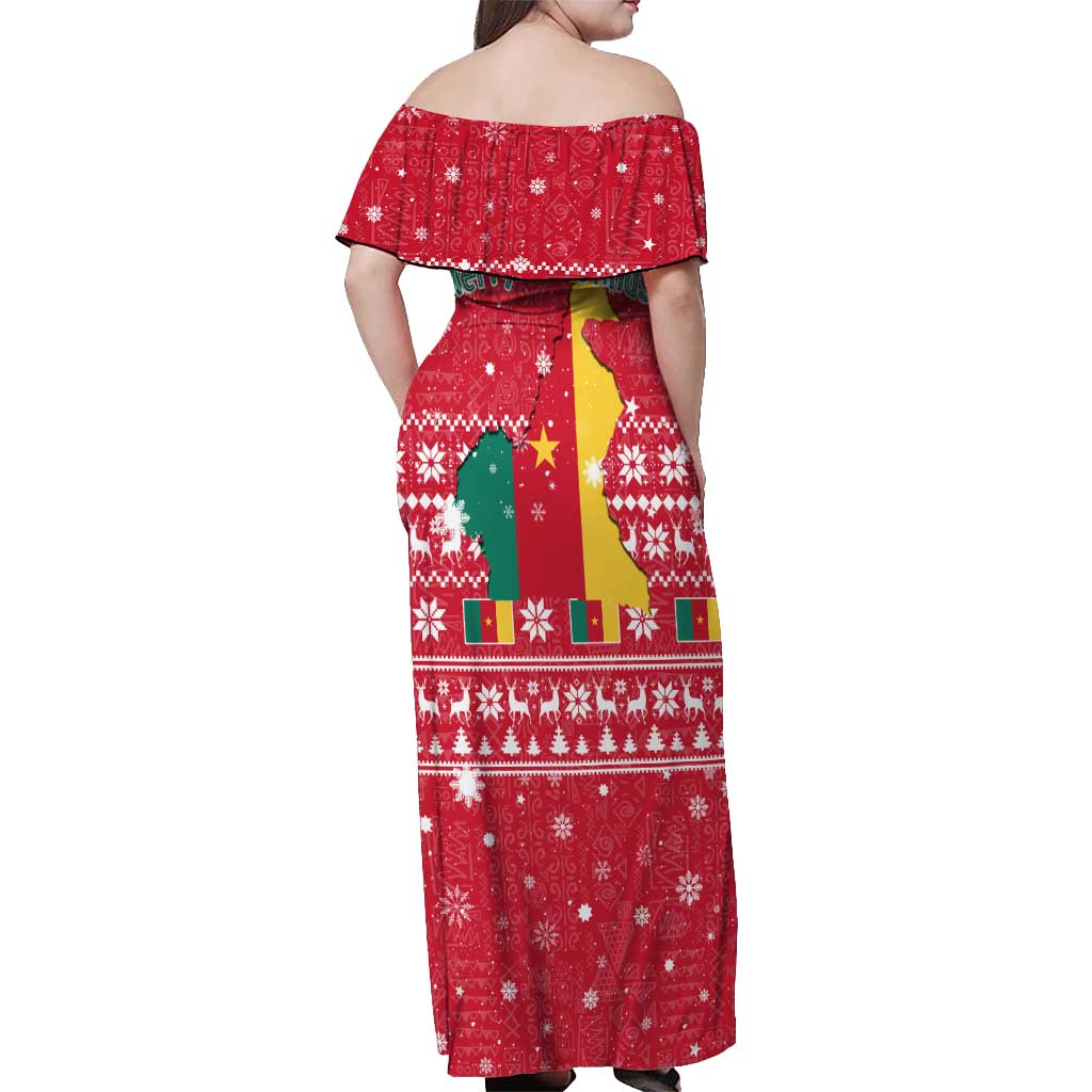 Cameroon Christmas Off Shoulder Maxi Dress with Red Snowflake Pattern Traditional Santa and Map Motif - Wonder Print Shop