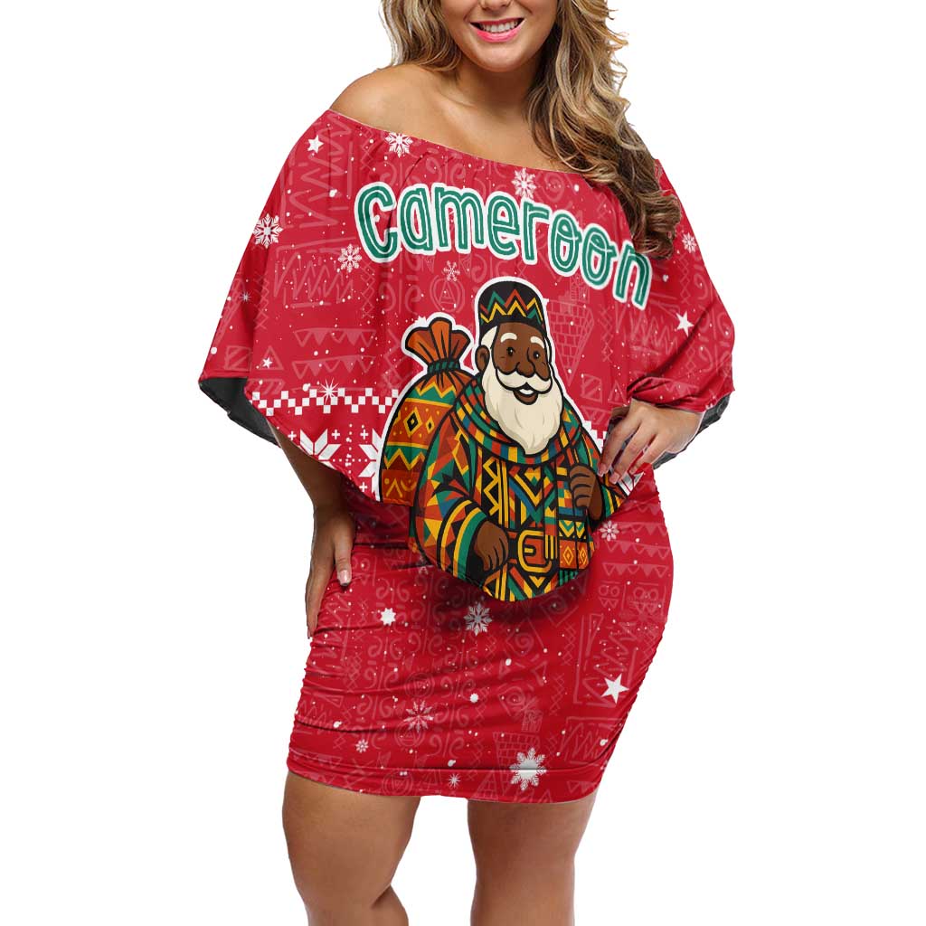 Cameroon Christmas Off Shoulder Short Dress with Red Snowflake Pattern Traditional Santa and Map Motif - Wonder Print Shop