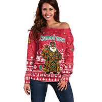 Cameroon Christmas Off Shoulder Sweater with Red Snowflake Pattern Traditional Santa and Map Motif - Wonder Print Shop