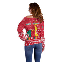 Cameroon Christmas Off Shoulder Sweater with Red Snowflake Pattern Traditional Santa and Map Motif - Wonder Print Shop
