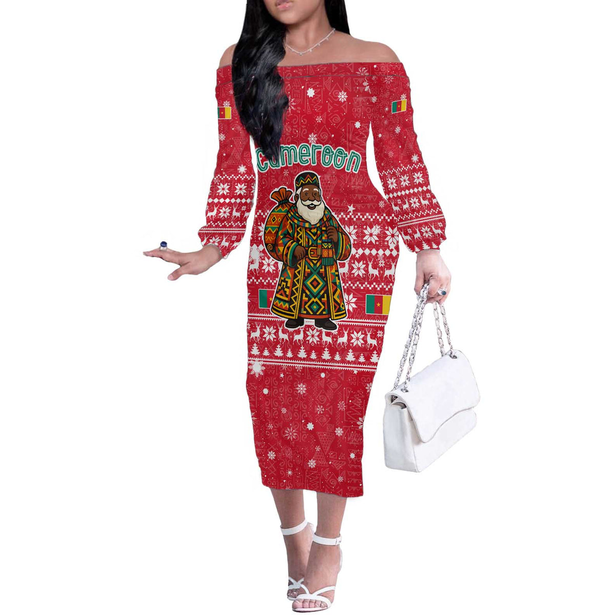 Cameroon Christmas Off The Shoulder Long Sleeve Dress with Red Snowflake Pattern Traditional Santa and Map Motif - Wonder Print Shop