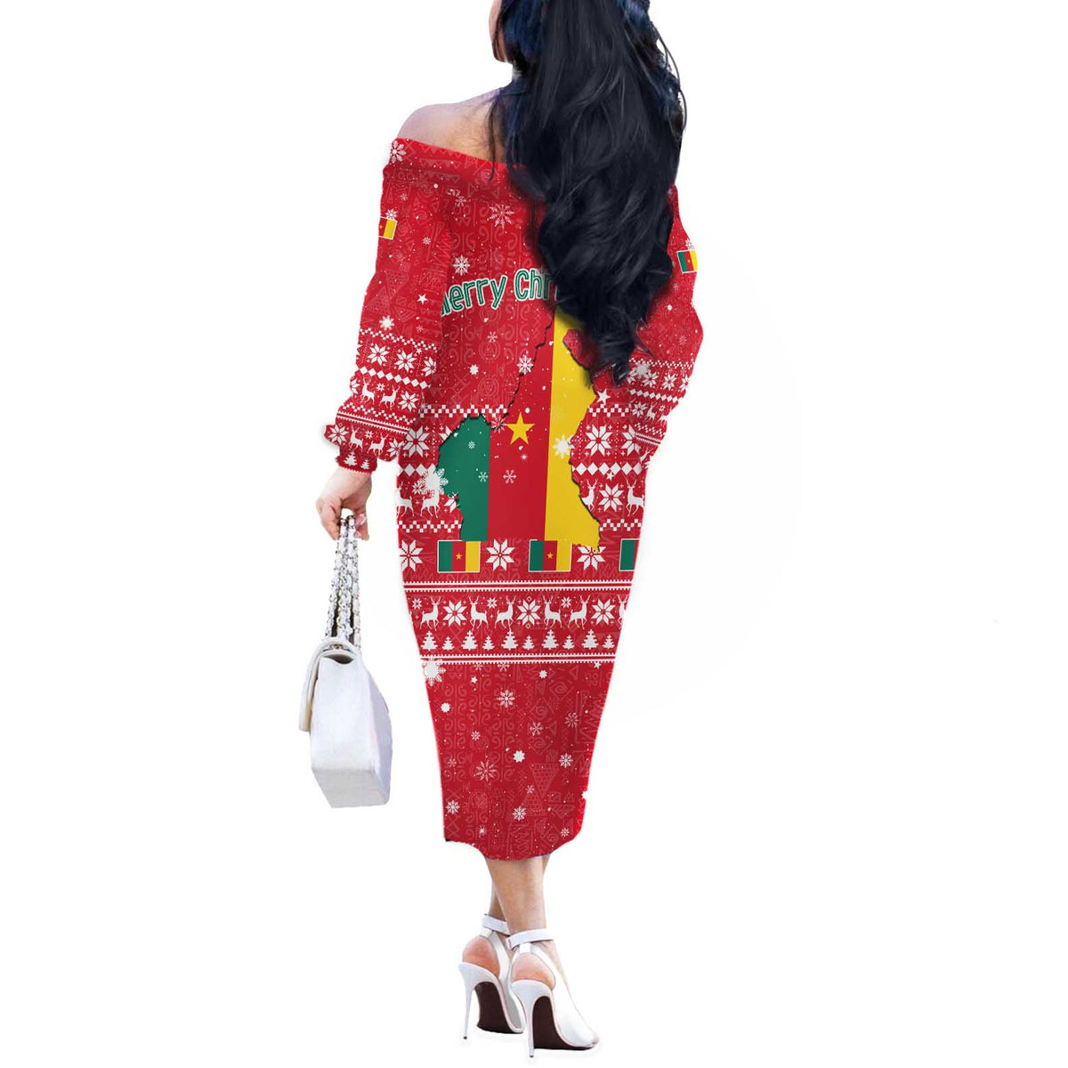 Cameroon Christmas Off The Shoulder Long Sleeve Dress with Red Snowflake Pattern Traditional Santa and Map Motif - Wonder Print Shop