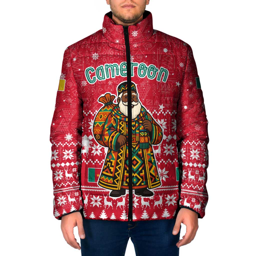 Cameroon Christmas Padded Jacket with Red Snowflake Pattern Traditional Santa and Map Motif - Wonder Print Shop