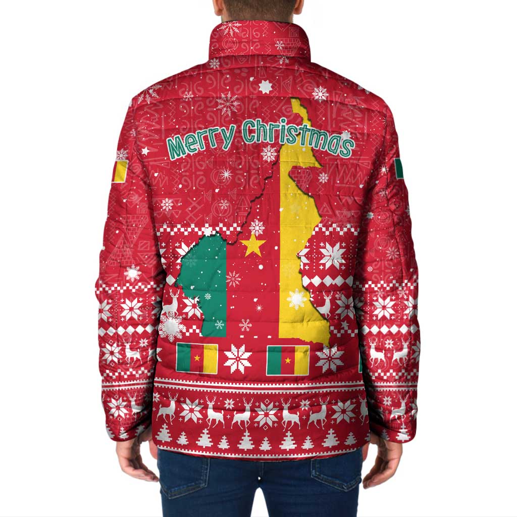 Cameroon Christmas Padded Jacket with Red Snowflake Pattern Traditional Santa and Map Motif - Wonder Print Shop