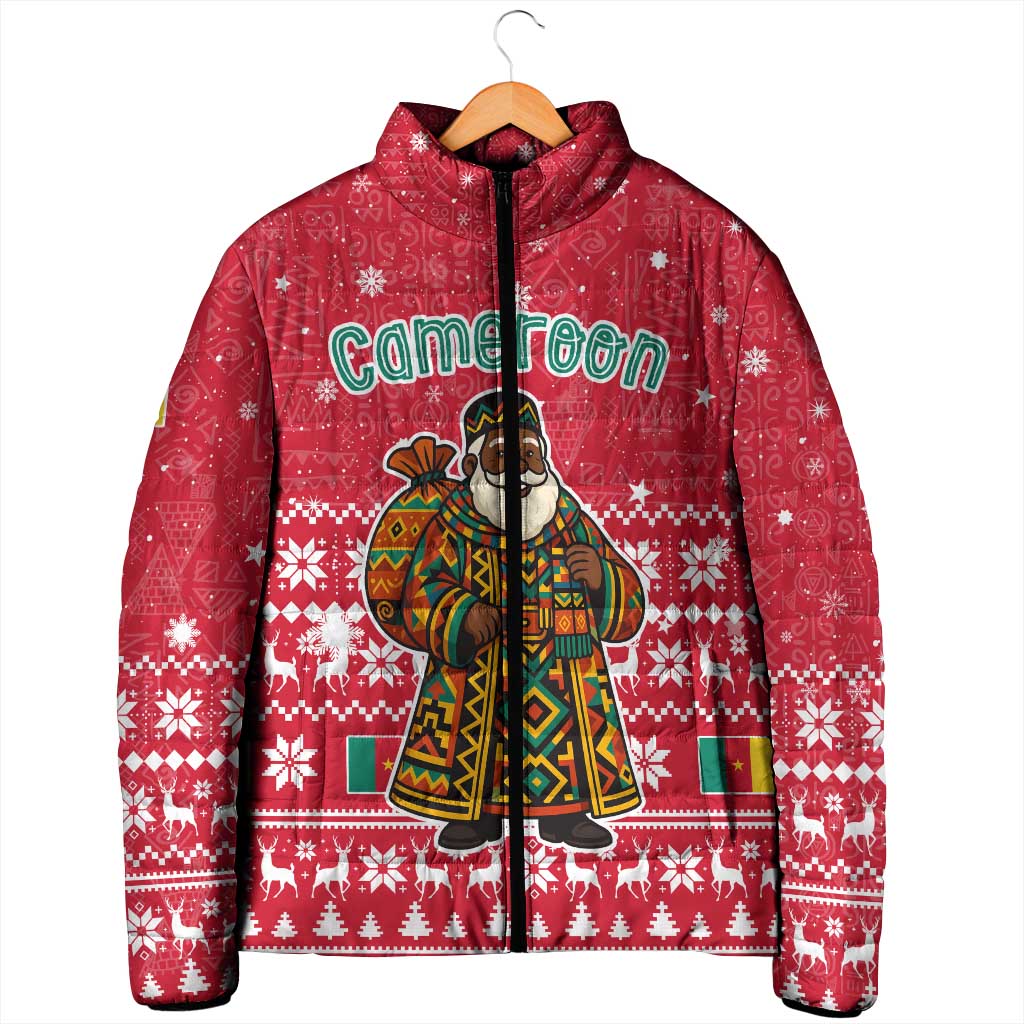 Cameroon Christmas Padded Jacket with Red Snowflake Pattern Traditional Santa and Map Motif - Wonder Print Shop