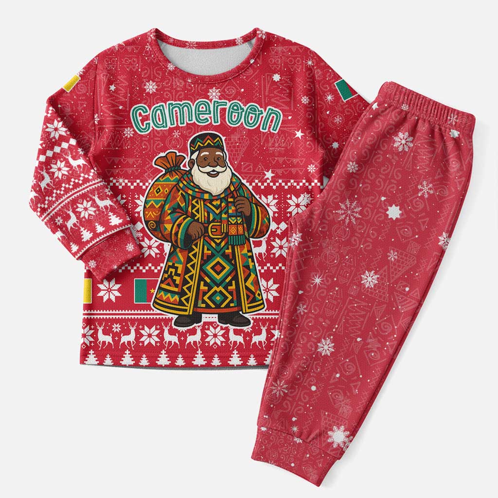 Cameroon Christmas Pajama Set with Red Snowflake Pattern Traditional Santa and Map Motif - Wonder Print Shop