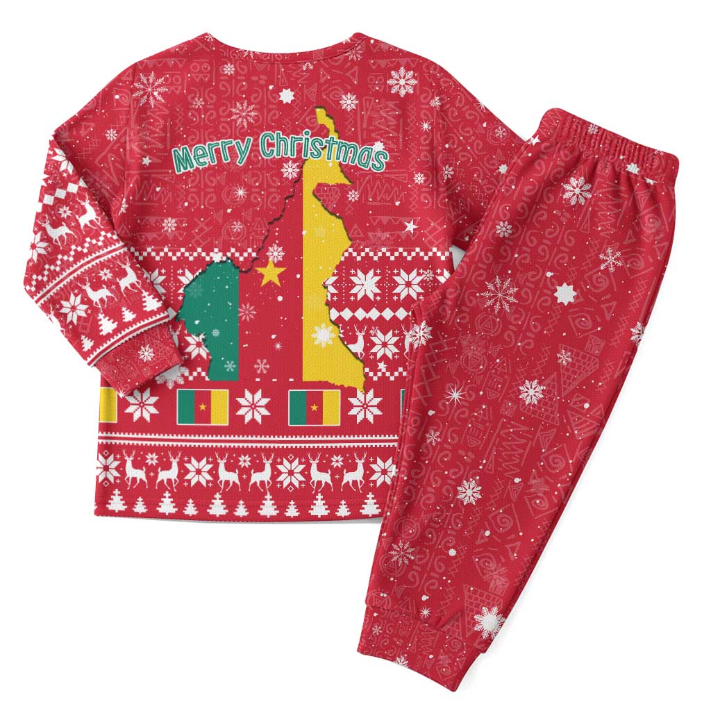 Cameroon Christmas Pajama Set with Red Snowflake Pattern Traditional Santa and Map Motif - Wonder Print Shop