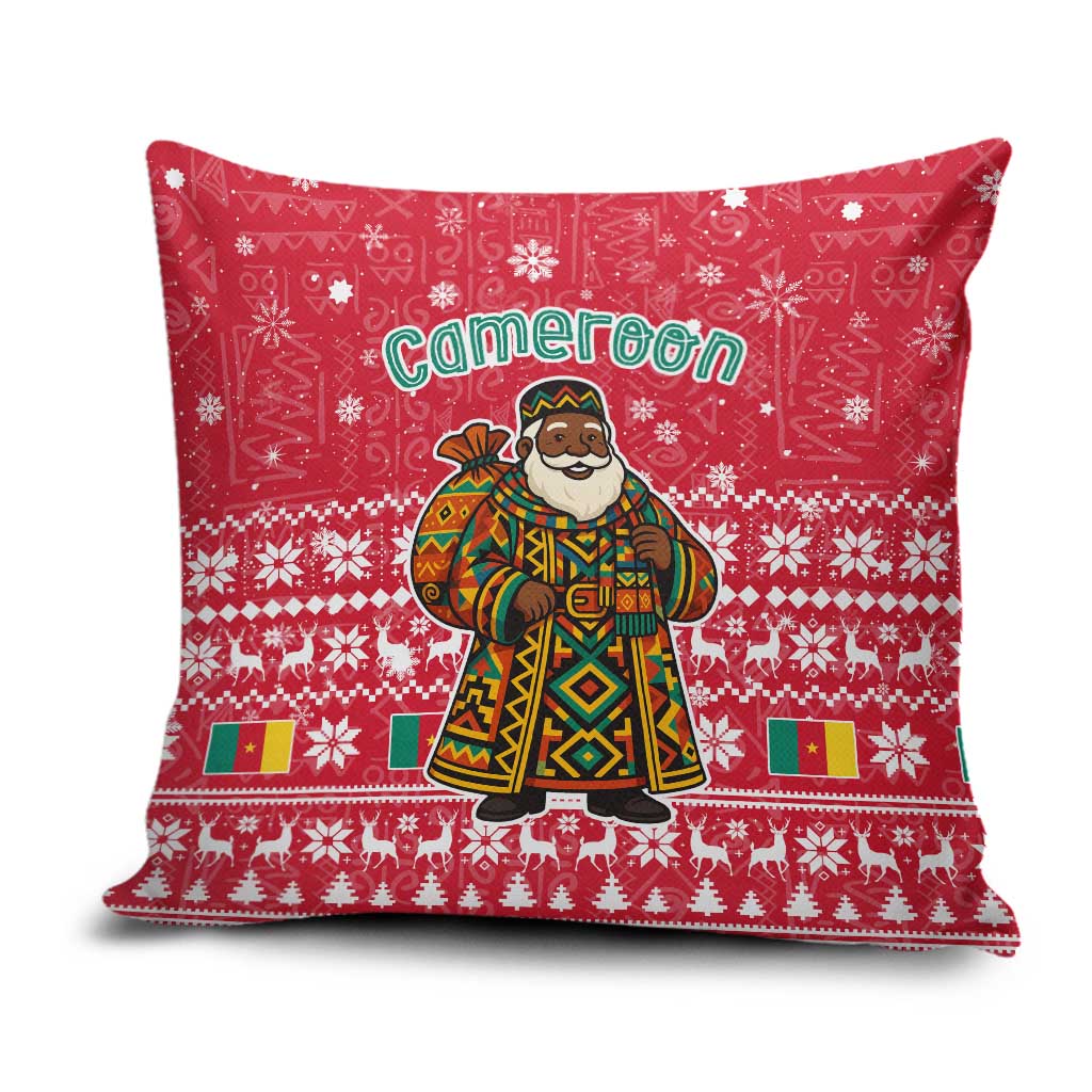 Cameroon Christmas Pillow Cover with Red Snowflake Pattern Traditional Santa and Map Motif - Wonder Print Shop