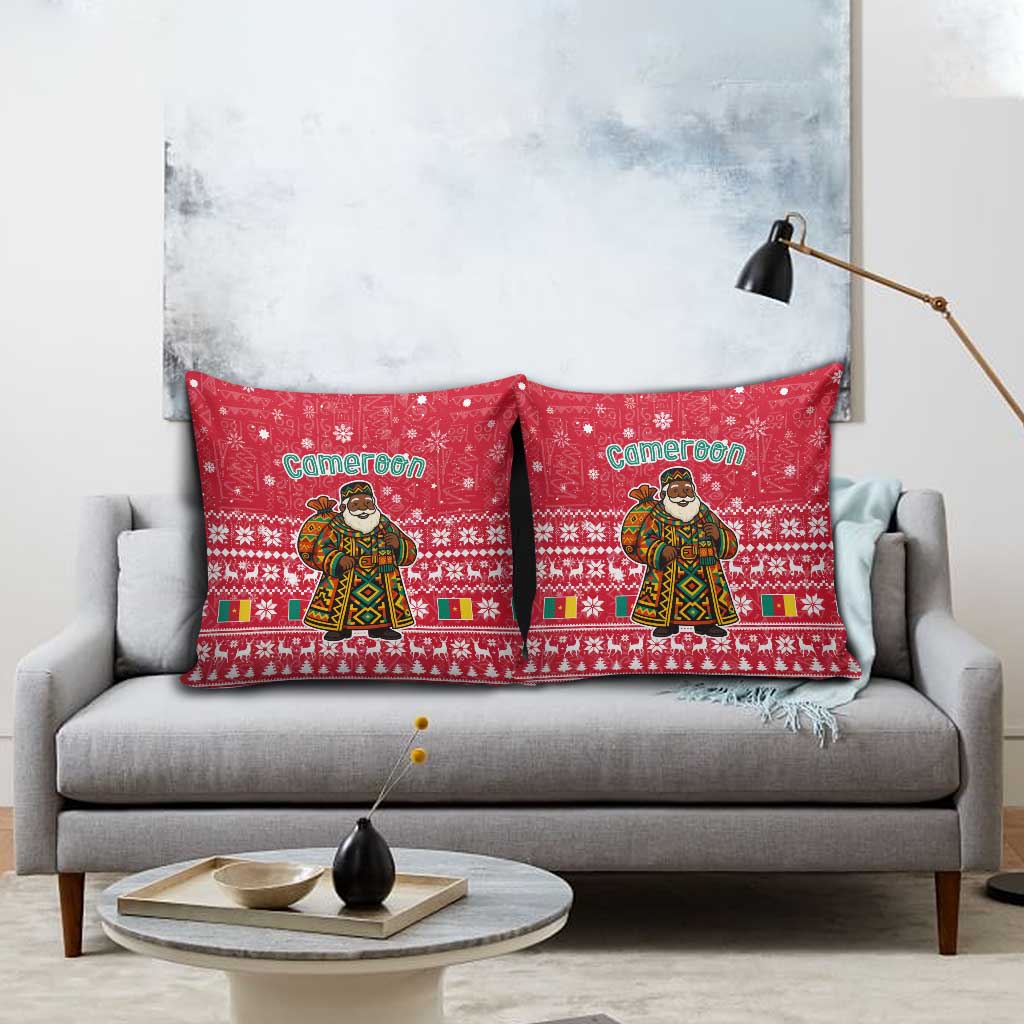 Cameroon Christmas Pillow Cover with Red Snowflake Pattern Traditional Santa and Map Motif - Wonder Print Shop