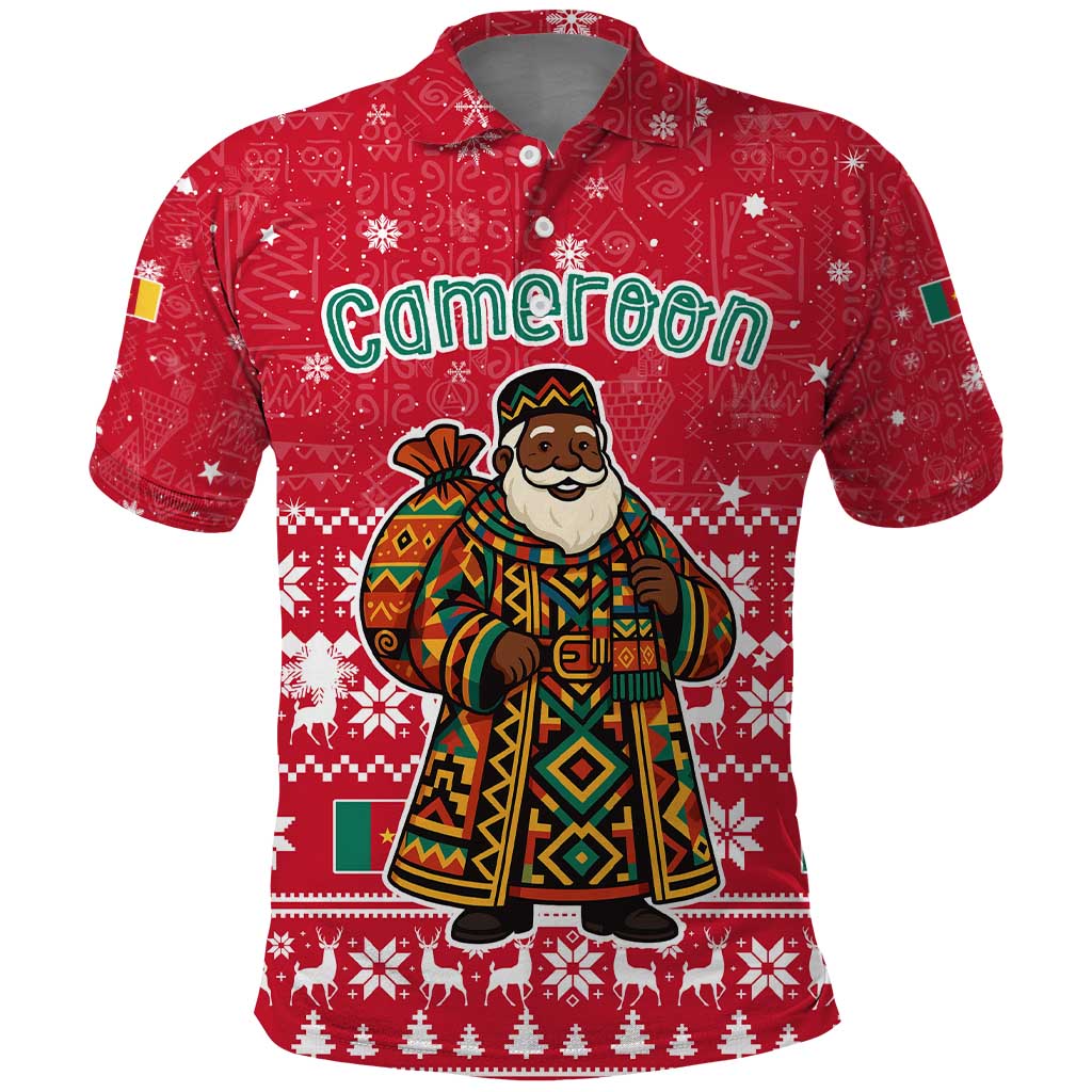Cameroon Christmas Polo Shirt with Red Snowflake Pattern Traditional Santa and Map Motif - Wonder Print Shop