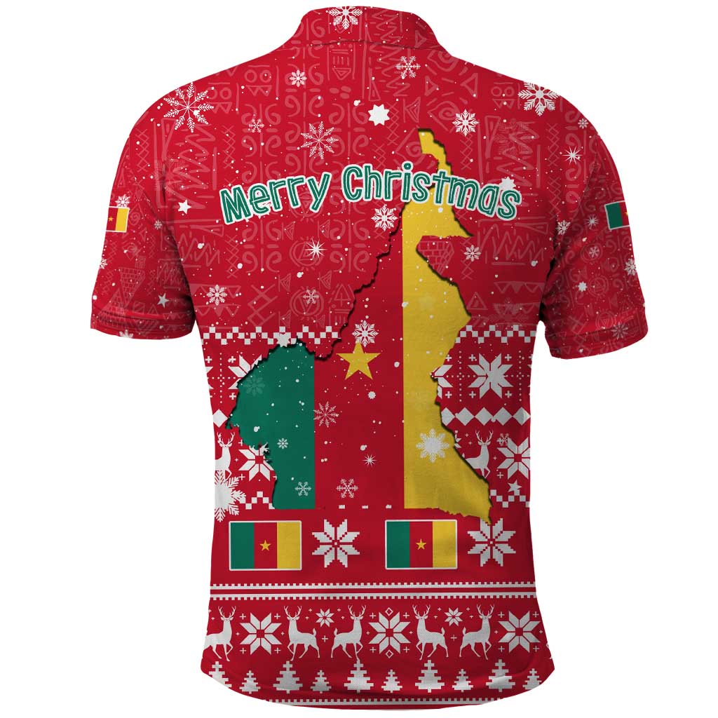 Cameroon Christmas Polo Shirt with Red Snowflake Pattern Traditional Santa and Map Motif - Wonder Print Shop