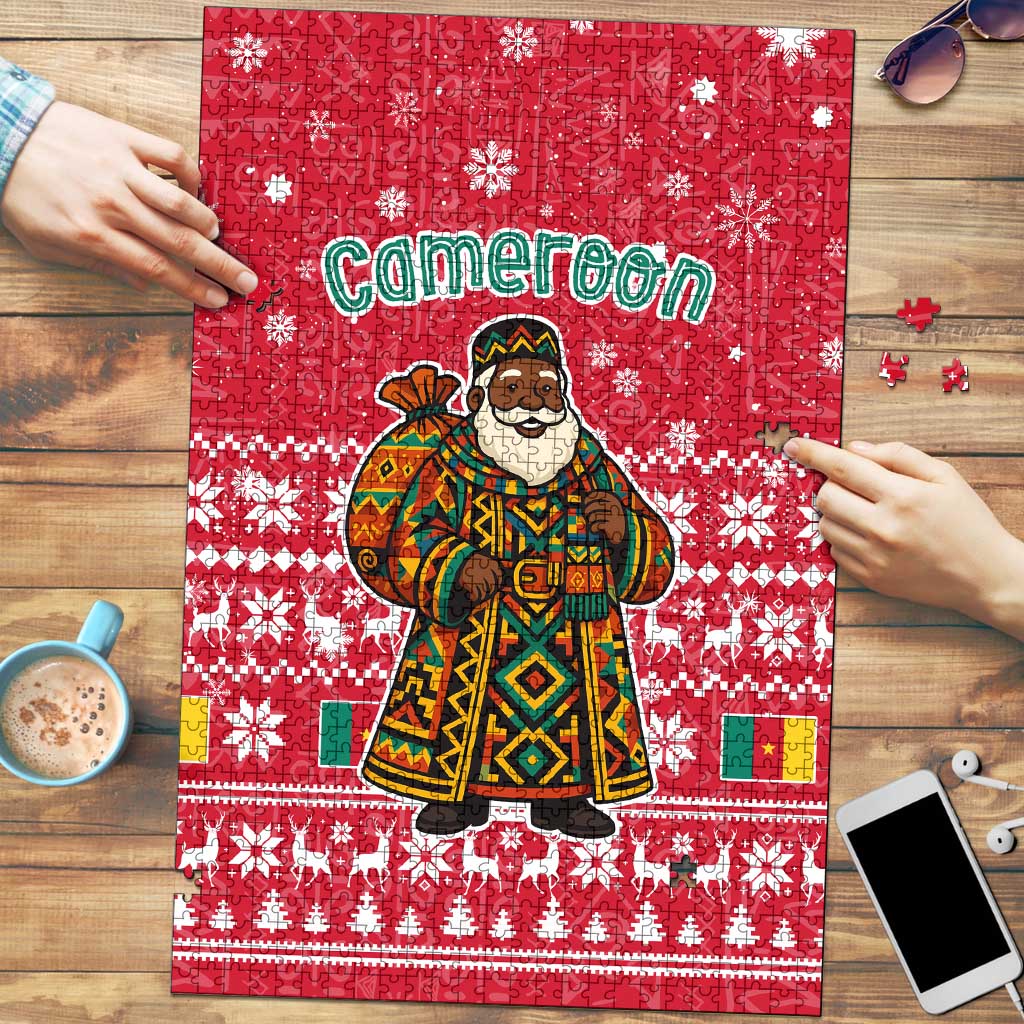 Cameroon Christmas Puzzle with Red Snowflake Pattern Traditional Santa and Map Motif - Wonder Print Shop