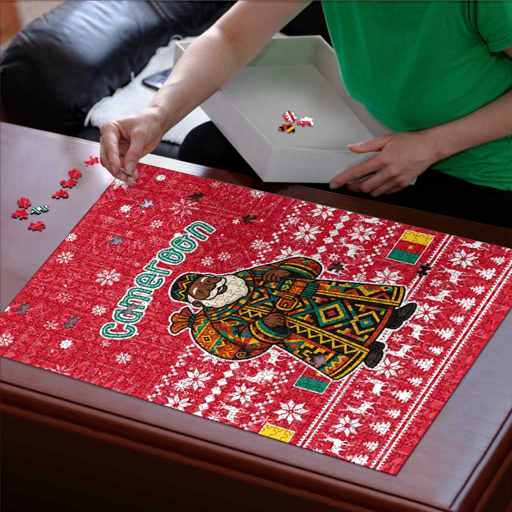 Cameroon Christmas Puzzle with Red Snowflake Pattern Traditional Santa and Map Motif - Wonder Print Shop