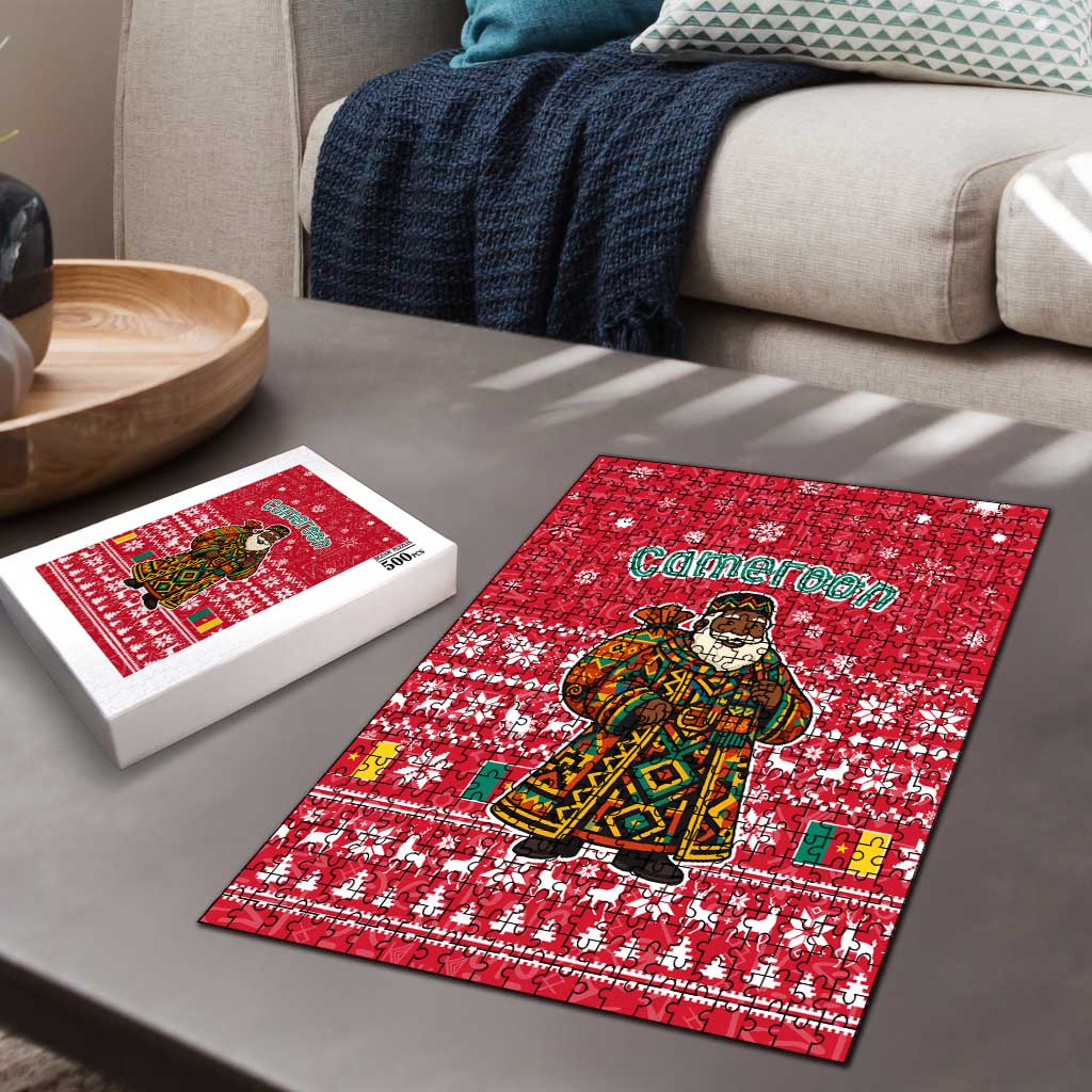 Cameroon Christmas Puzzle with Red Snowflake Pattern Traditional Santa and Map Motif - Wonder Print Shop