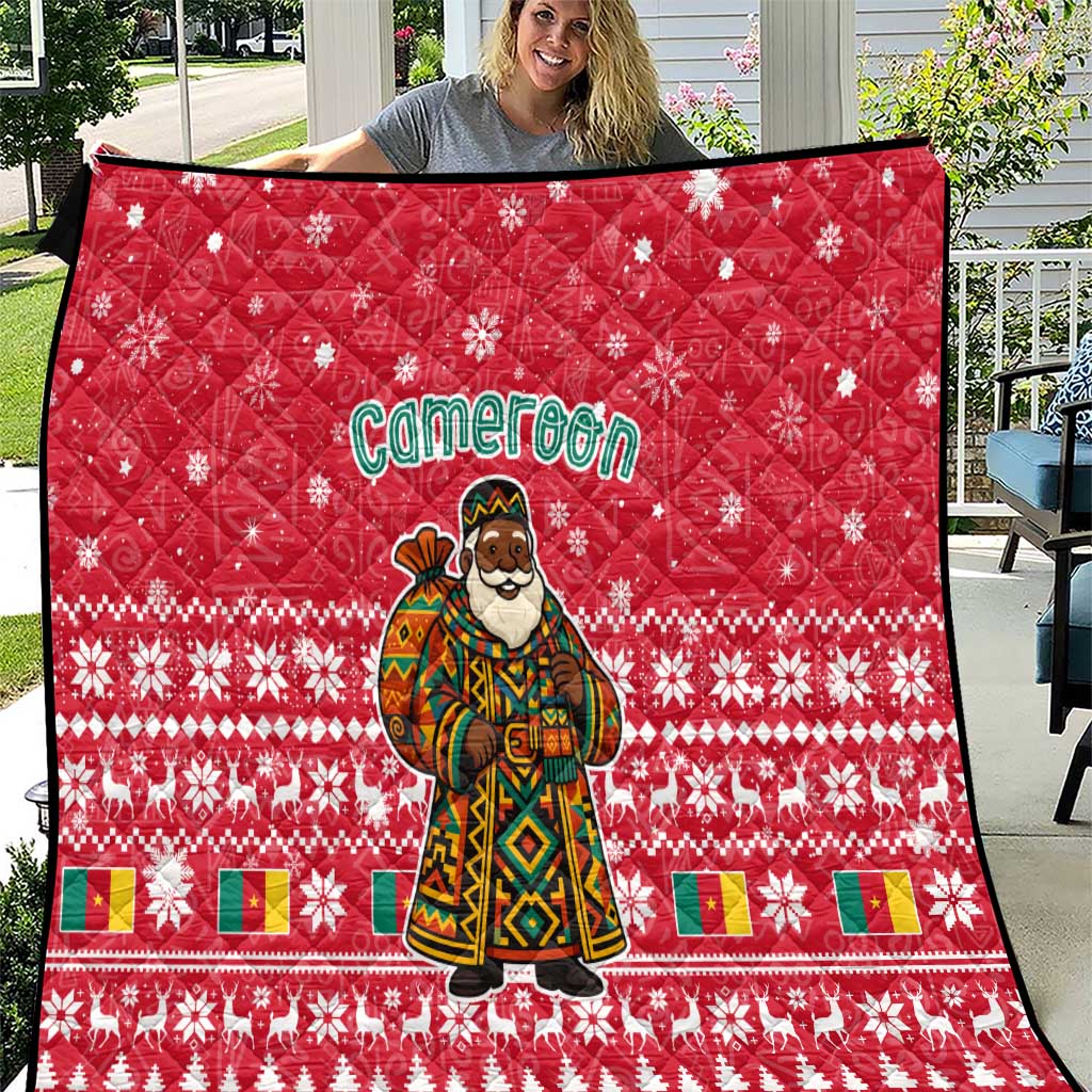 Cameroon Christmas Quilt with Red Snowflake Pattern Traditional Santa and Map Motif - Wonder Print Shop