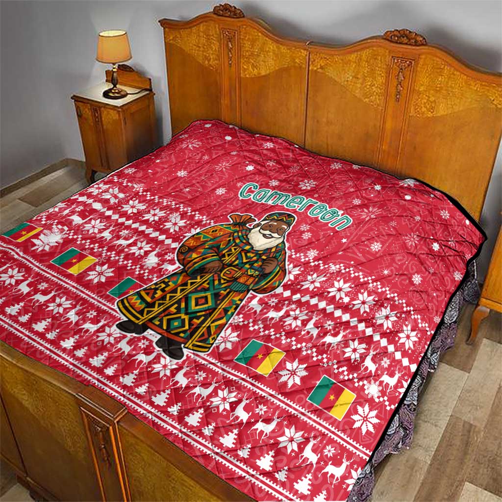 Cameroon Christmas Quilt with Red Snowflake Pattern Traditional Santa and Map Motif - Wonder Print Shop