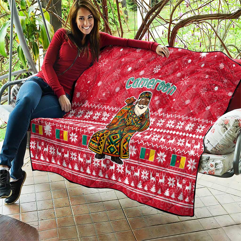 Cameroon Christmas Quilt with Red Snowflake Pattern Traditional Santa and Map Motif - Wonder Print Shop