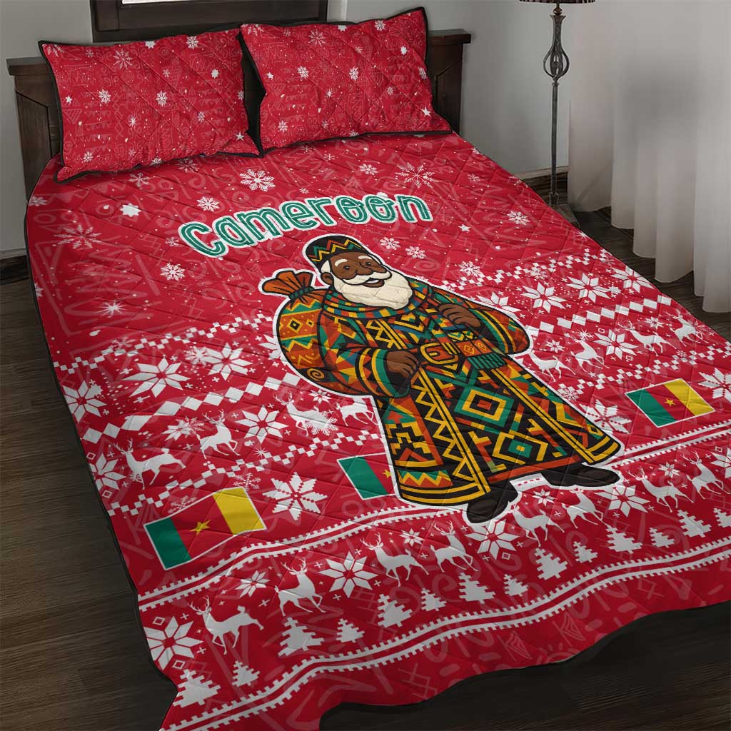 Cameroon Christmas Quilt Bed Set with Red Snowflake Pattern Traditional Santa and Map Motif - Wonder Print Shop