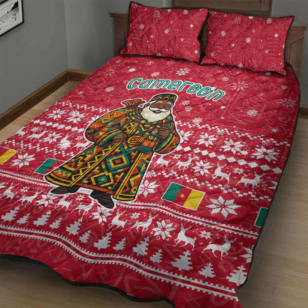 Cameroon Christmas Quilt Bed Set with Red Snowflake Pattern Traditional Santa and Map Motif - Wonder Print Shop