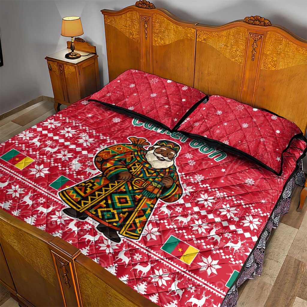 Cameroon Christmas Quilt Bed Set with Red Snowflake Pattern Traditional Santa and Map Motif - Wonder Print Shop