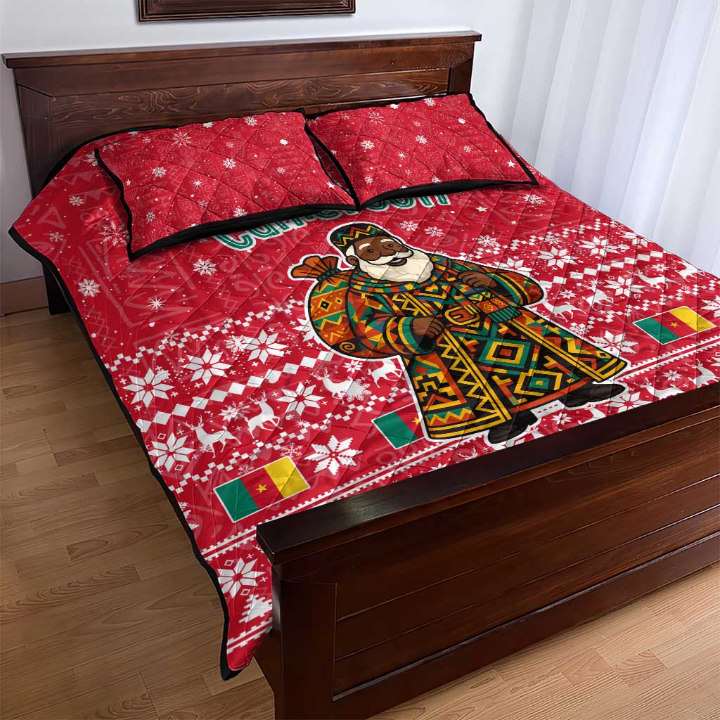 Cameroon Christmas Quilt Bed Set with Red Snowflake Pattern Traditional Santa and Map Motif - Wonder Print Shop
