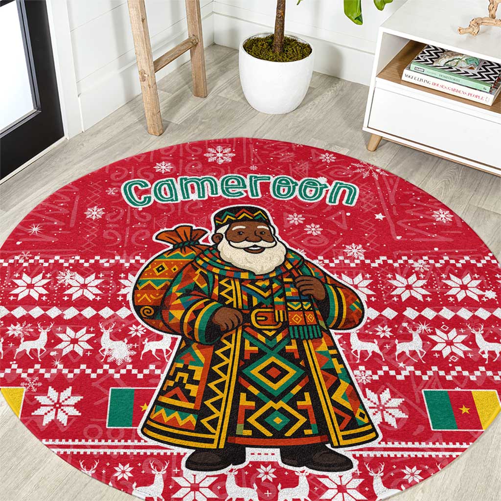 Cameroon Christmas Round Carpet with Red Snowflake Pattern Traditional Santa and Map Motif - Wonder Print Shop