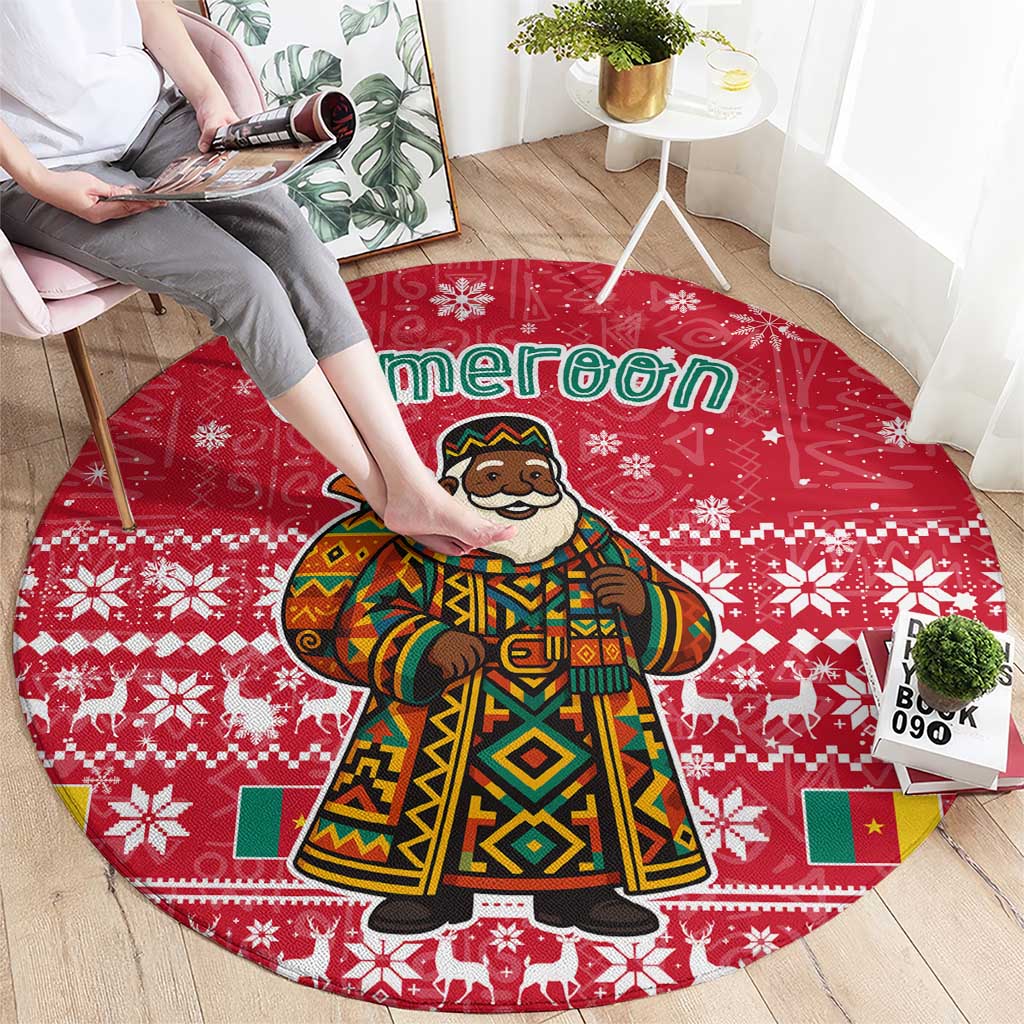 Cameroon Christmas Round Carpet with Red Snowflake Pattern Traditional Santa and Map Motif - Wonder Print Shop