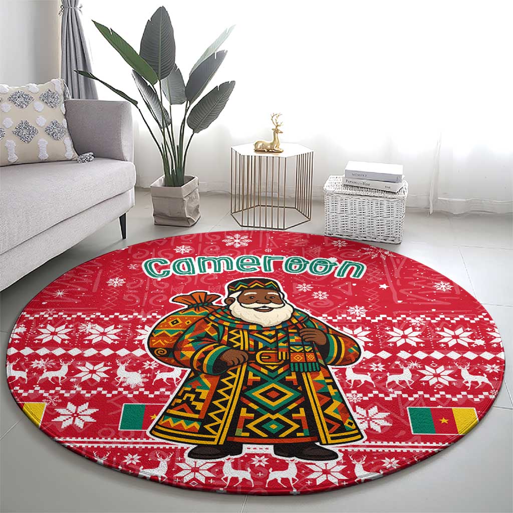 Cameroon Christmas Round Carpet with Red Snowflake Pattern Traditional Santa and Map Motif - Wonder Print Shop