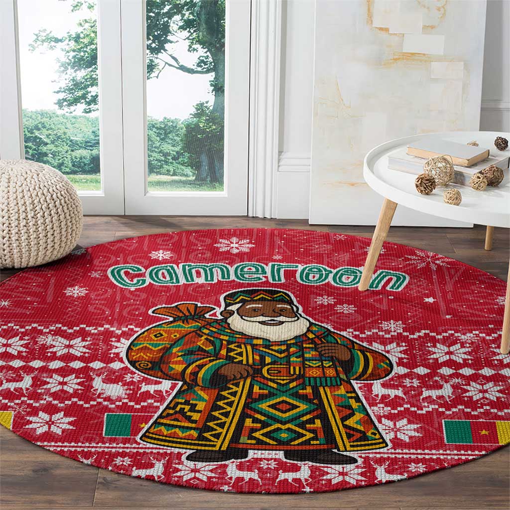 Cameroon Christmas Round Carpet with Red Snowflake Pattern Traditional Santa and Map Motif - Wonder Print Shop