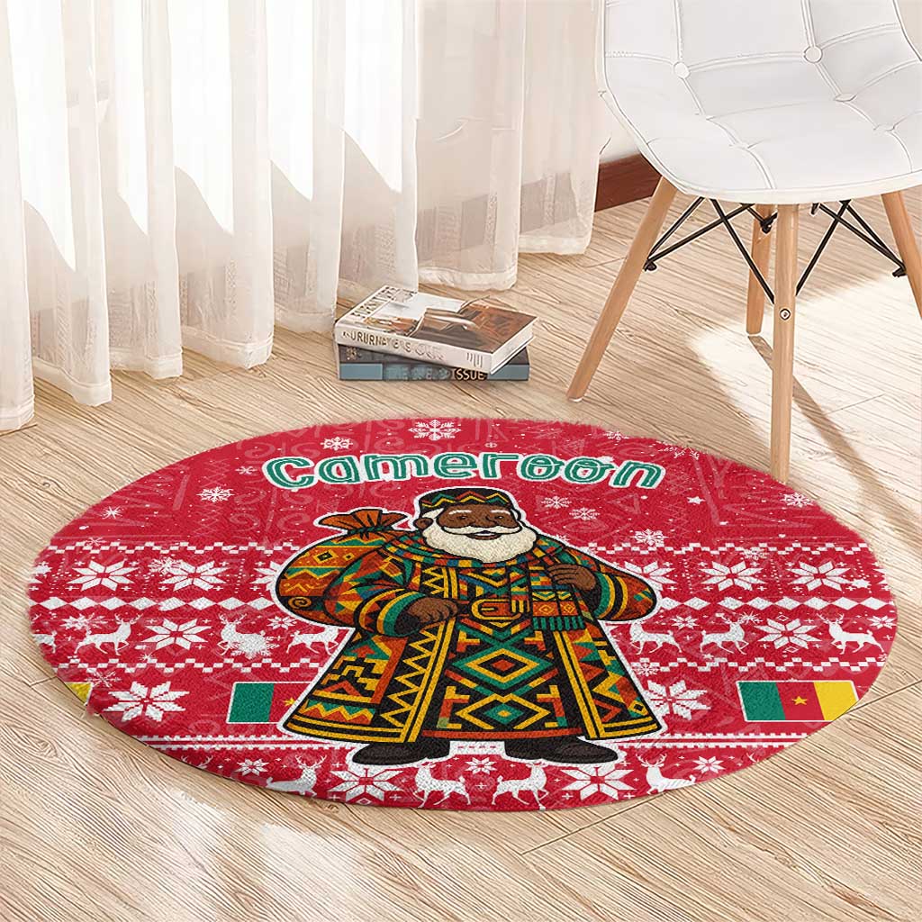 Cameroon Christmas Round Carpet with Red Snowflake Pattern Traditional Santa and Map Motif - Wonder Print Shop