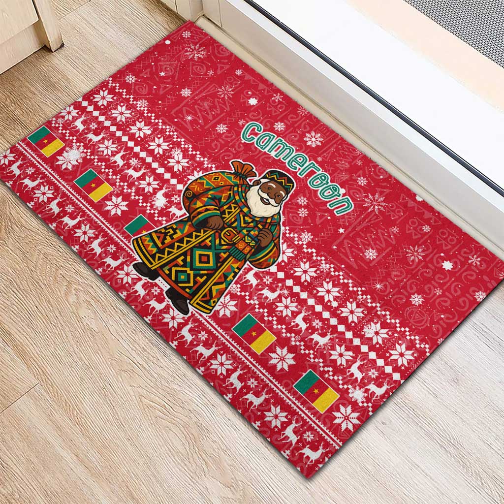 Cameroon Christmas Rubber Doormat with Red Snowflake Pattern Traditional Santa and Map Motif - Wonder Print Shop
