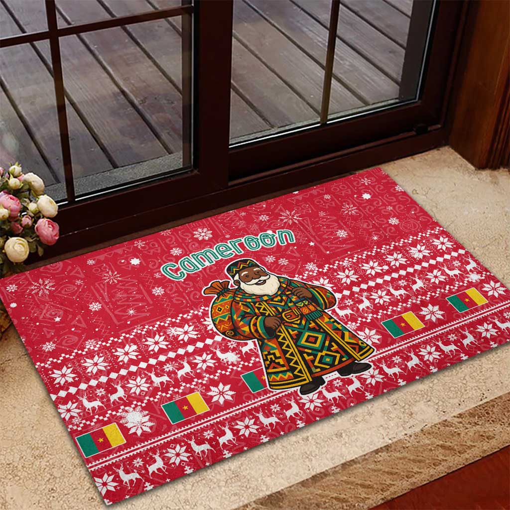 Cameroon Christmas Rubber Doormat with Red Snowflake Pattern Traditional Santa and Map Motif - Wonder Print Shop