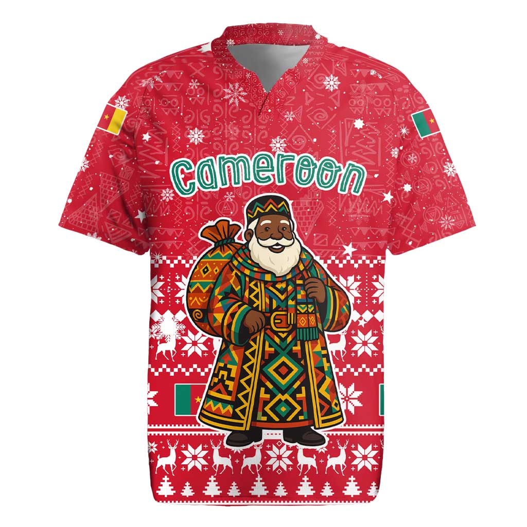 Cameroon Christmas Rugby Jersey with Red Snowflake Pattern Traditional Santa and Map Motif - Wonder Print Shop