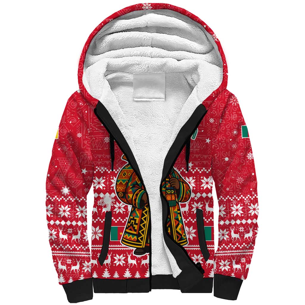 Cameroon Christmas Sherpa Hoodie with Red Snowflake Pattern Traditional Santa and Map Motif - Wonder Print Shop