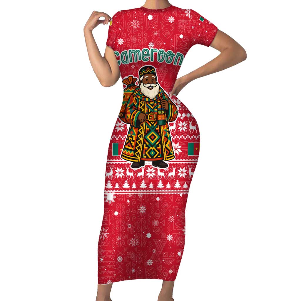 Cameroon Christmas Short Sleeve Bodycon Dress with Red Snowflake Pattern Traditional Santa and Map Motif - Wonder Print Shop