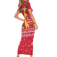 Cameroon Christmas Short Sleeve Bodycon Dress with Red Snowflake Pattern Traditional Santa and Map Motif - Wonder Print Shop