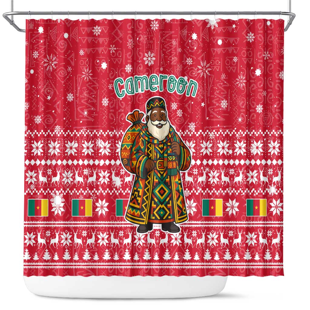 Cameroon Christmas Shower Curtain with Red Snowflake Pattern Traditional Santa and Map Motif - Wonder Print Shop